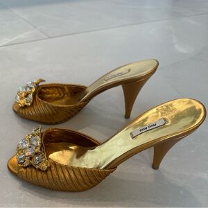 Miu Miu Gold Crystal Embellished Mule Heels | Open Toe | Size 36 | Made in Italy
